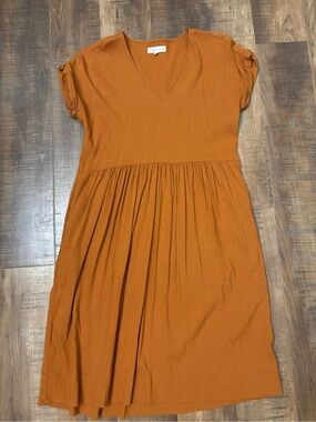 Lou & Grey LOFT V-neck midi dress burnt orange smocked waist cuffed sleeve small